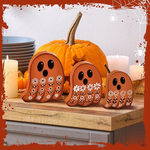 Suzile 3 Pcs Halloween Decor Wooden Ghost Sign Ghost Theme Table Centerpieces Cute Ghost Tiered Tray Decorations Rustic Farmhouse Ghost Sign for Halloween Fall Party Home Shelf Photo Prop Display in Saudi Arabia
