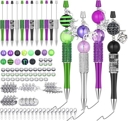 142 Pcs Halloween Beadable Pen Halloween Classroom Teacher Gifts Making Kit 12 Beaded Ballpoint Pen 50 Beads 40 Spacer Beads 20 Pendants 20 Lobster Clasp for DIY Supplies Birthday(School Bag) in Saudi Arabia