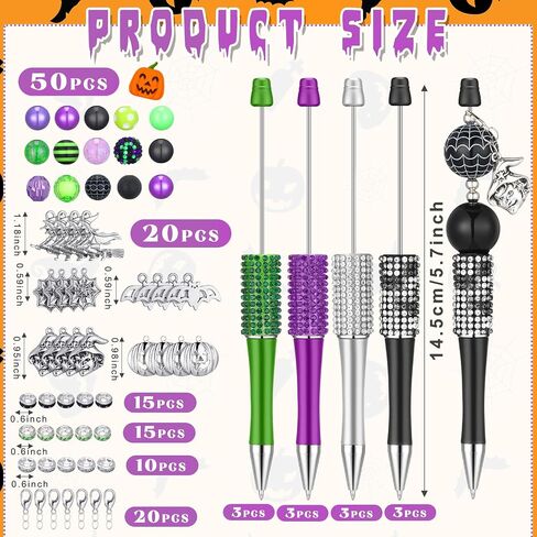 142 Pcs Halloween Beadable Pen Halloween Classroom Teacher Gifts Making Kit 12 Beaded Ballpoint Pen 50 Beads 40 Spacer Beads 20 Pendants 20 Lobster Clasp for DIY Supplies Birthday(School Bag) in Saudi Arabia