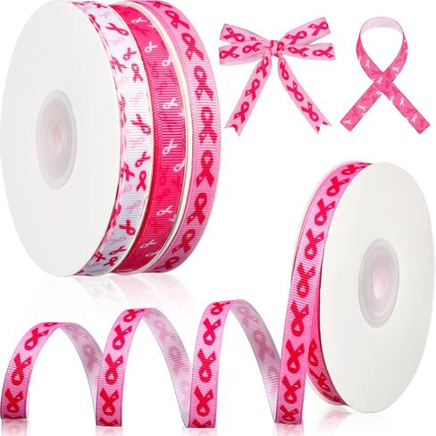 3 لفة 3/8 بوصة الشريط التوعية بسرطان الثدي 60 ياردة Grosgrain الشريط الحرفي الوردي للهدايا DIY هدايا التغليف ، أبيض ، وردي ، وردة الوردي in Kuwait