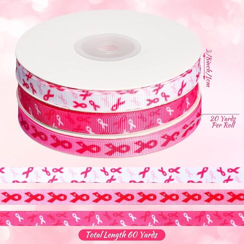 3 لفة 3/8 بوصة الشريط التوعية بسرطان الثدي 60 ياردة Grosgrain الشريط الحرفي الوردي للهدايا DIY هدايا التغليف ، أبيض ، وردي ، وردة الوردي in Kuwait