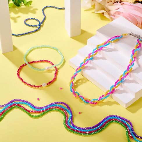 Beadthoven 2736pcs 3mm faceted route glass حبات ab ملونة من الزجاج الزجاجي خيوط قوس قزح briolette روندللي كريستال حبات الفواصل لمجوهرات صنع الأساور قلادات الأقراط in Kuwait