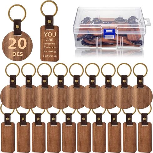 20 Pcs Blank Wooden Keychains Leather Keychains for Engraving Blanks Keychain with Container for DIY Employee Gifts Craft in Saudi Arabia