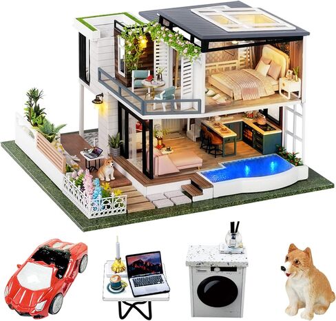 Spilay Dollhouse Miniature مع الأثاث ، DIY Wooden Crafts Doll House Mini Handmade Kit ، 1: 24 Scale Creative Room Idea Gift for البالغين عاشق صديق (أنيقة وهادئة مع صندوق موسيقى الغبار) in Kuwait