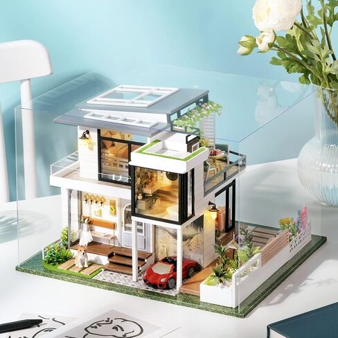 Spilay Dollhouse Miniature مع الأثاث ، DIY Wooden Crafts Doll House Mini Handmade Kit ، 1: 24 Scale Creative Room Idea Gift for البالغين عاشق صديق (أنيقة وهادئة مع صندوق موسيقى الغبار) in Kuwait