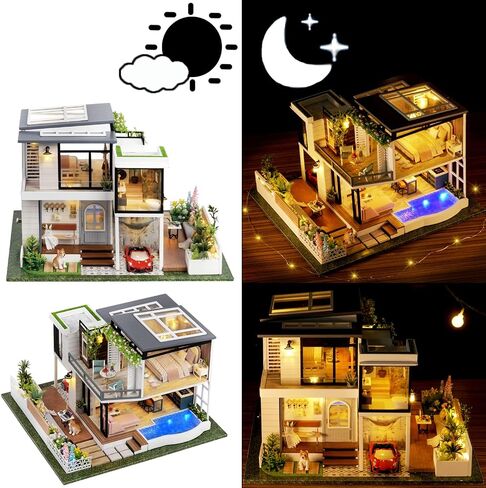 Spilay Dollhouse Miniature مع الأثاث ، DIY Wooden Crafts Doll House Mini Handmade Kit ، 1: 24 Scale Creative Room Idea Gift for البالغين عاشق صديق (أنيقة وهادئة مع صندوق موسيقى الغبار) in Kuwait