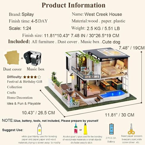 Spilay Dollhouse Miniature مع الأثاث ، DIY Wooden Crafts Doll House Mini Handmade Kit ، 1: 24 Scale Creative Room Idea Gift for البالغين عاشق صديق (أنيقة وهادئة مع صندوق موسيقى الغبار) in Kuwait