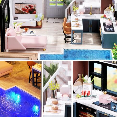 Spilay Dollhouse Miniature مع الأثاث ، DIY Wooden Crafts Doll House Mini Handmade Kit ، 1: 24 Scale Creative Room Idea Gift for البالغين عاشق صديق (أنيقة وهادئة مع صندوق موسيقى الغبار) in Kuwait