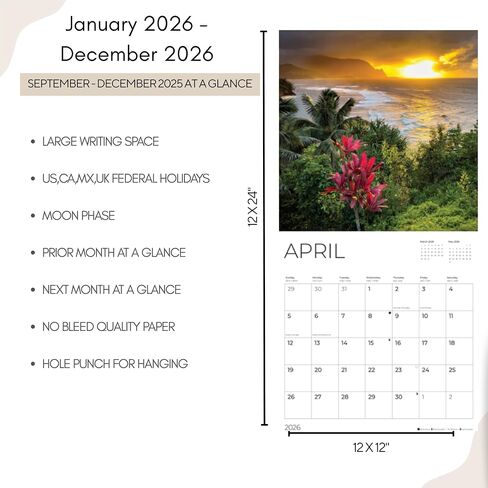 2026 Wall Calendar | 12" x 24" Open | Nature Photography Thick & Sturdy Paper for Organizing & Planning | Office Kitchen Decor or Gift | Pacific Waters Press (Hawaii) in Saudi Arabia