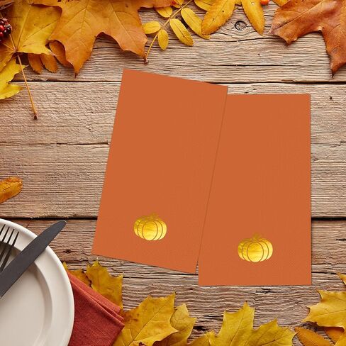 Horaldaily 100 Fall Disposable Paper Decorative Guest Napkins, Thanksgiving Autumn Harvest Gold Foil Pumpkin Hand Towel for Party Lunch Dinner Kitchen Bathroom in Saudi Arabia