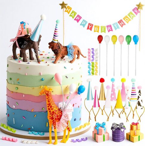 39 PCS Safari Cake Cake Decorations topper topper topurines مع قبعات عيد ميلاد صغيرة وبالونات ودياري Safari Jungle for Wild Zoo Form in Saudi Arabia