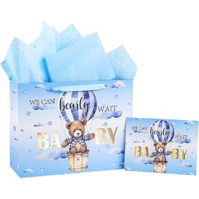 Lezakaa Baby Boy Gift Bag Bear Blue Bear ، وبالون الهواء الساخن ، يمكننا أن ننتظر تصميمًا لتصميم Baby Goil مع ورق الأنسجة وبطاقة تحية للاستحمام الطفل ، والآباء الجدد ، و 13 "× 10" × 5 "، و 1 PCS in Kuwait