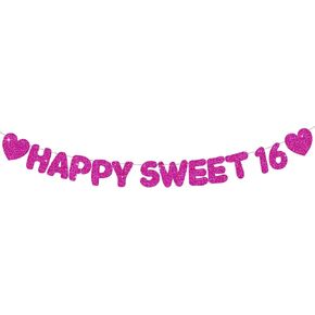 Glitter Black Happy Sweet 16 Banner ، No DIY ، ديكورات حفلة عيد ميلاد السادس عشر ما قبل الإشارة إلى الحفلات السادسة عشرة. in Kuwait