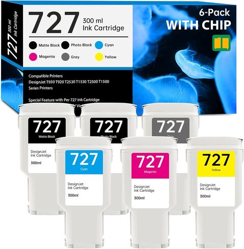 727 Ink Cartridge 300ml with New Chip Replacement for HP 727 Ink Cartridges C1Q12A F9J79A F9J76A F9J77A F9J78A F9J80A for DesignJet T920 T930 T1500 T1530 T2500 T2530 Printer Ink, 6 Pack 727 Ink Kit in Saudi Arabia
