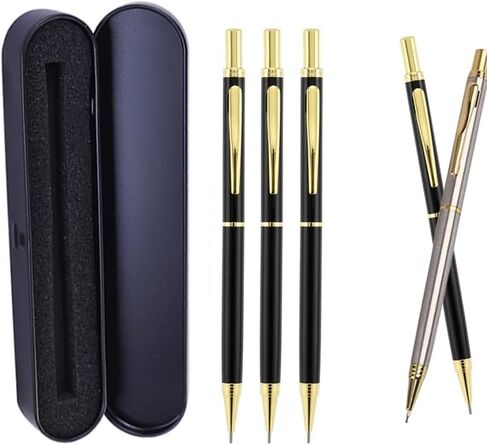 Mroudul Luxury Full Metal Mechanical Pencil 0.5mm lead Gold Silver Pen حامل القلم مع مربع الهدايا الرسم الرسم بقلم رصاص قرطاسية كورية (ذهبية) in Kuwait