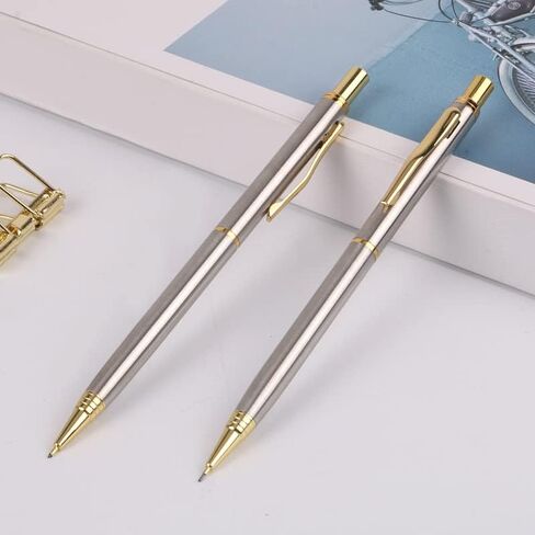 Mroudul Luxury Full Metal Mechanical Pencil 0.5mm lead Gold Silver Pen حامل القلم مع مربع الهدايا الرسم الرسم بقلم رصاص قرطاسية كورية (ذهبية) in Kuwait