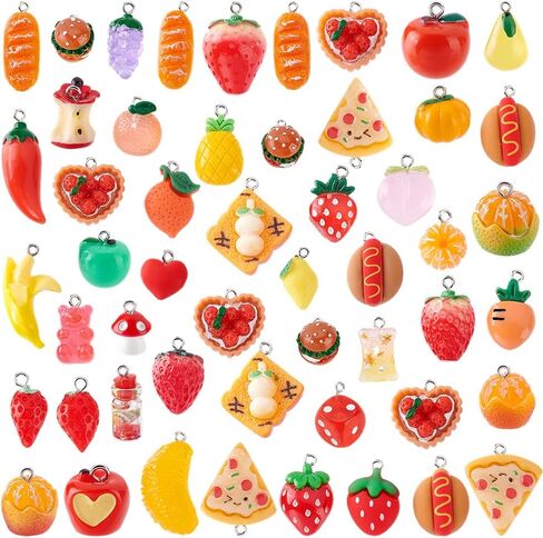 PH Pandahall 52pcs 3d فاكهة الراتنج سحر الراتينج السريع راتنجات ، قلادة ، الفراولة برتقالية خبز الخضار الهامبرغر المعلق in Saudi Arabia