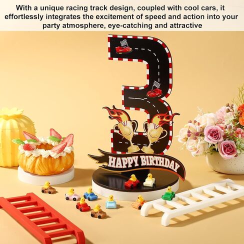 Race Car Birthday Third Number Three Sign, Wooden Race Car Theme 3rd Centerpiece with Racing Track and Trophy Patterns Party Table Decoration for Birthday Party Topper Photo Props(Number 3) in Saudi Arabia