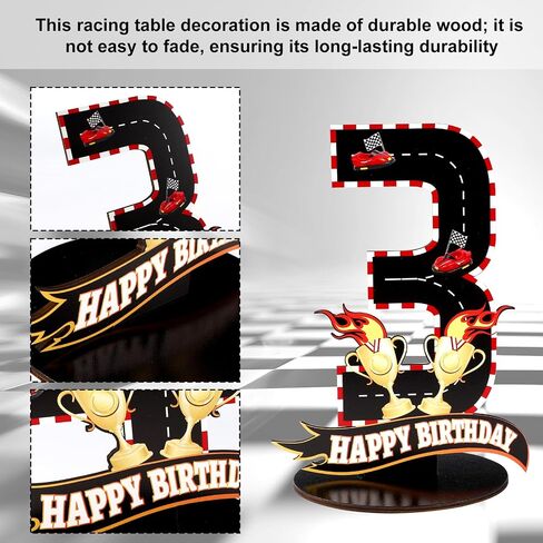 Race Car Birthday Third Number Three Sign, Wooden Race Car Theme 3rd Centerpiece with Racing Track and Trophy Patterns Party Table Decoration for Birthday Party Topper Photo Props(Number 3) in Saudi Arabia