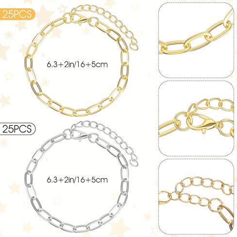WANMU 50 حزمة سوار سوار سلسلة كبيرة من الذهب الذهب paperclip سلسلة مطلي بالسلاسل الورقية من الفولاذ المقاوم للصدأ من الفولاذ المقاوم للصدأ الأساور ، سوار سحر 6.5 بوصة مع مشابك جراد البحر للنساء لصناعة المجوهرات ديي (الذهب ، الفضة) in Saudi Arabia