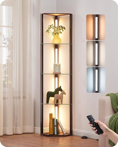 EDISHINE Floor Lamp with Shelves, 5-Tier Glass Display Shelf with Remote/Foot Control, 5CCT & Dimmable Corner Shelf Lamp, Open Display Cabinet, Floor Lamps for Living Room, Bedroom, Black in Kuwait