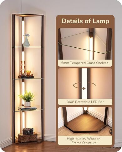EDISHINE Floor Lamp with Shelves, 5-Tier Glass Display Shelf with Remote/Foot Control, 5CCT & Dimmable Corner Shelf Lamp, Open Display Cabinet, Floor Lamps for Living Room, Bedroom, Black in Kuwait