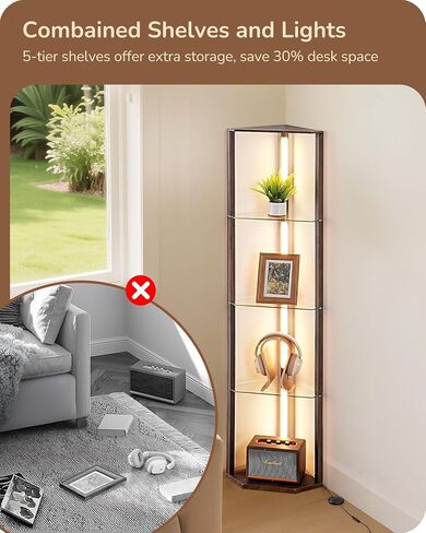 EDISHINE Floor Lamp with Shelves, 5-Tier Glass Display Shelf with Remote/Foot Control, 5CCT & Dimmable Corner Shelf Lamp, Open Display Cabinet, Floor Lamps for Living Room, Bedroom, Black in Kuwait