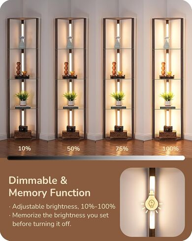 EDISHINE Floor Lamp with Shelves, 5-Tier Glass Display Shelf with Remote/Foot Control, 5CCT & Dimmable Corner Shelf Lamp, Open Display Cabinet, Floor Lamps for Living Room, Bedroom, Black in Kuwait