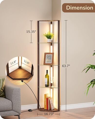 EDISHINE Floor Lamp with Shelves, 5-Tier Glass Display Shelf with Remote/Foot Control, 5CCT & Dimmable Corner Shelf Lamp, Open Display Cabinet, Floor Lamps for Living Room, Bedroom, Black in Kuwait