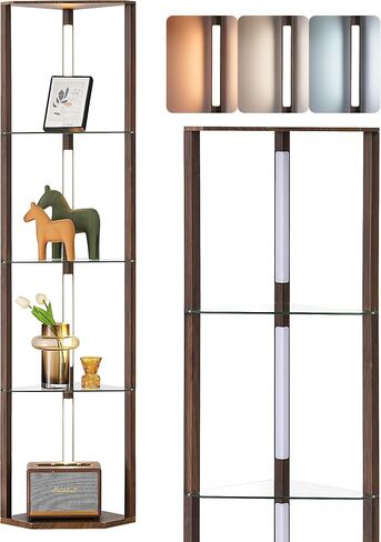 EDISHINE Floor Lamp with Shelves, 5-Tier Glass Display Shelf with Remote/Foot Control, 5CCT & Dimmable Corner Shelf Lamp, Open Display Cabinet, Floor Lamps for Living Room, Bedroom, Black in Kuwait