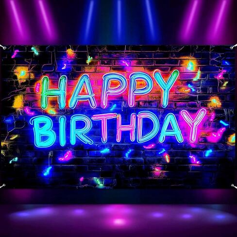 Neon Happy Birthday Party Banner Backdrop, Glow In The Dark Blacklight Birthday Large Banner Party Decorations Supplies, UV Reactive Indoor Outdoor Sign Poster Background Decor 72X44 Inch in Kuwait
