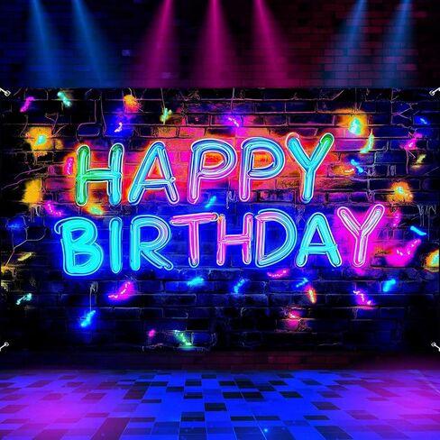 Neon Happy Birthday Party Banner Backdrop, Glow In The Dark Blacklight Birthday Large Banner Party Decorations Supplies, UV Reactive Indoor Outdoor Sign Poster Background Decor 72X44 Inch in Kuwait