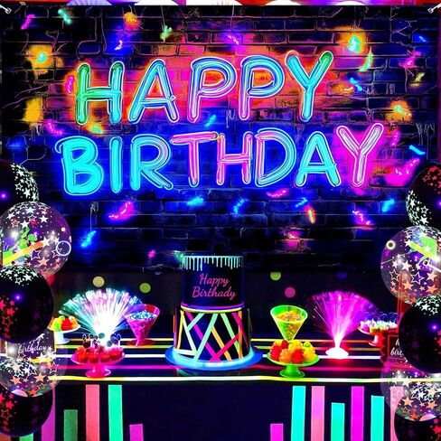 Neon Happy Birthday Party Banner Backdrop, Glow In The Dark Blacklight Birthday Large Banner Party Decorations Supplies, UV Reactive Indoor Outdoor Sign Poster Background Decor 72X44 Inch in Kuwait