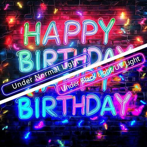 Neon Happy Birthday Party Banner Backdrop, Glow In The Dark Blacklight Birthday Large Banner Party Decorations Supplies, UV Reactive Indoor Outdoor Sign Poster Background Decor 72X44 Inch in Kuwait