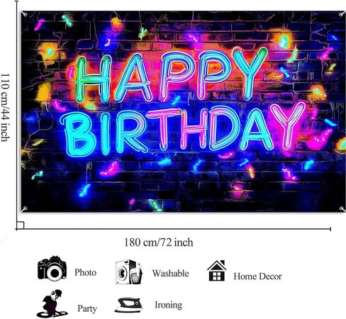 Neon Happy Birthday Party Banner Backdrop, Glow In The Dark Blacklight Birthday Large Banner Party Decorations Supplies, UV Reactive Indoor Outdoor Sign Poster Background Decor 72X44 Inch in Kuwait
