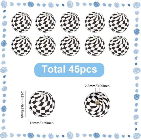 SUNNYCLUE 45Pcs Silicone Round Beads Ball Bead Rubber Checkered Print Black and White Pattern Classic Plaid Focal Spacer Sphere Bead for Crafts Christmas DIY Jewelry Bracelet Keychain Necklace Making in Saudi Arabia