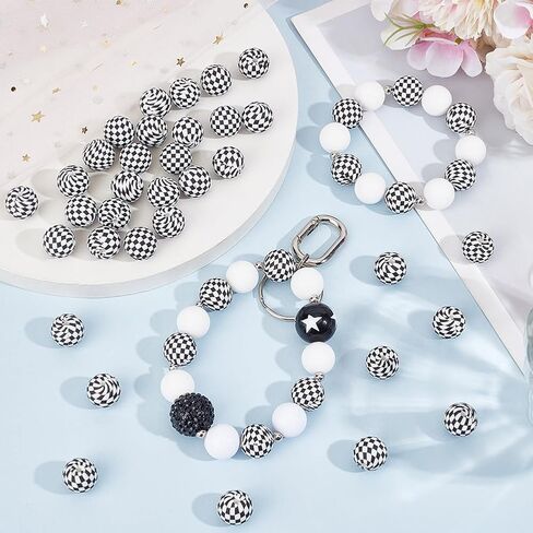 SUNNYCLUE 45Pcs Silicone Round Beads Ball Bead Rubber Checkered Print Black and White Pattern Classic Plaid Focal Spacer Sphere Bead for Crafts Christmas DIY Jewelry Bracelet Keychain Necklace Making in Saudi Arabia
