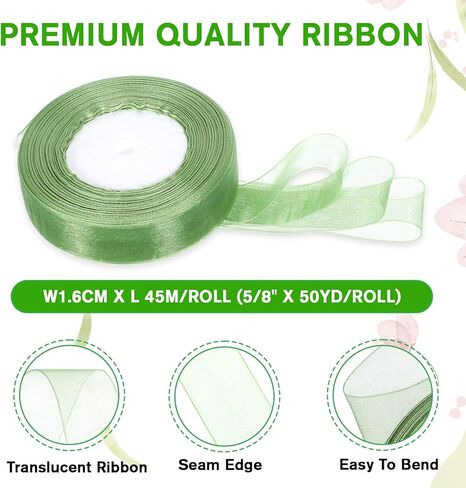 Green Organza Ribbon for Gift Wrapping, 1 Inch 50 Yards Green Sheer Organza Ribbon Chiffon Fabric Ribbons for Gift Wrapping, Flower Bouquet, Wedding, Christmas, Crafts, Decoration in Kuwait