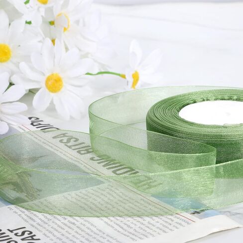 Green Organza Ribbon for Gift Wrapping, 1 Inch 50 Yards Green Sheer Organza Ribbon Chiffon Fabric Ribbons for Gift Wrapping, Flower Bouquet, Wedding, Christmas, Crafts, Decoration in Kuwait