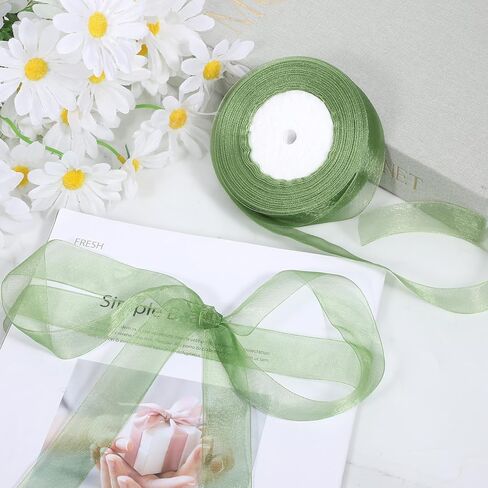 Green Organza Ribbon for Gift Wrapping, 1 Inch 50 Yards Green Sheer Organza Ribbon Chiffon Fabric Ribbons for Gift Wrapping, Flower Bouquet, Wedding, Christmas, Crafts, Decoration in Kuwait