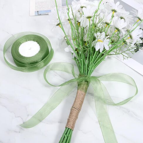 Green Organza Ribbon for Gift Wrapping, 1 Inch 50 Yards Green Sheer Organza Ribbon Chiffon Fabric Ribbons for Gift Wrapping, Flower Bouquet, Wedding, Christmas, Crafts, Decoration in Kuwait