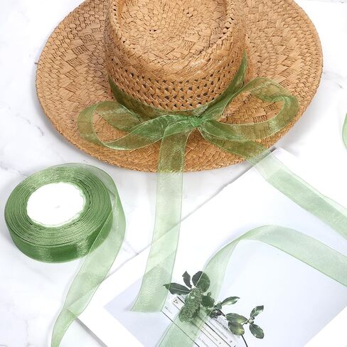 Green Organza Ribbon for Gift Wrapping, 1 Inch 50 Yards Green Sheer Organza Ribbon Chiffon Fabric Ribbons for Gift Wrapping, Flower Bouquet, Wedding, Christmas, Crafts, Decoration in Kuwait