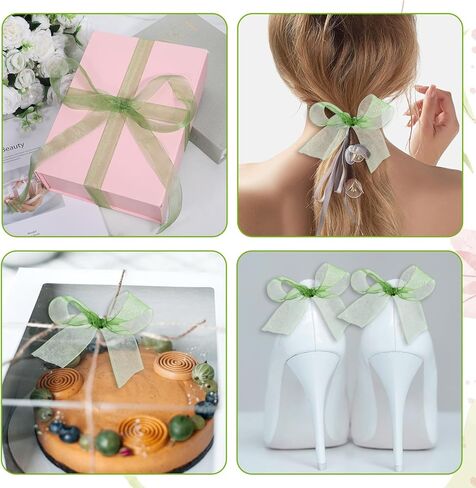 Green Organza Ribbon for Gift Wrapping, 1 Inch 50 Yards Green Sheer Organza Ribbon Chiffon Fabric Ribbons for Gift Wrapping, Flower Bouquet, Wedding, Christmas, Crafts, Decoration in Kuwait