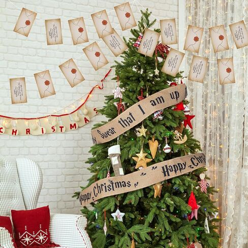 2 Set 62''x 4'' Christmas Tree Burlap Ribbon Garland, Wizard Burlap Ribbon Tree Decoration with 2 String Letter Cards, Xmas Rustic Burlaps Ribbons Decor for Christmas Hanging Home DIY Craft in Kuwait
