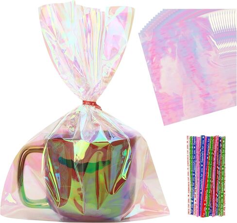 50 PCS Holographic Bags(8x11 Inch) with Colorful Ties, Clear PLastic Iridescent Cellophane Goodie Gift Treat Candy Goody Cookie Bags for Holiday Birthday Baby Shower Party Favors Supplies Decorations in Saudi Arabia