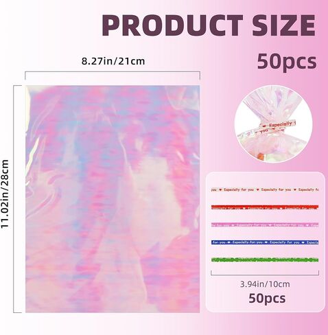 50 PCS Holographic Bags(8x11 Inch) with Colorful Ties, Clear PLastic Iridescent Cellophane Goodie Gift Treat Candy Goody Cookie Bags for Holiday Birthday Baby Shower Party Favors Supplies Decorations in Saudi Arabia