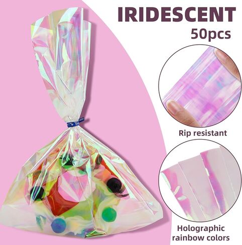 50 PCS Holographic Bags(8x11 Inch) with Colorful Ties, Clear PLastic Iridescent Cellophane Goodie Gift Treat Candy Goody Cookie Bags for Holiday Birthday Baby Shower Party Favors Supplies Decorations in Saudi Arabia