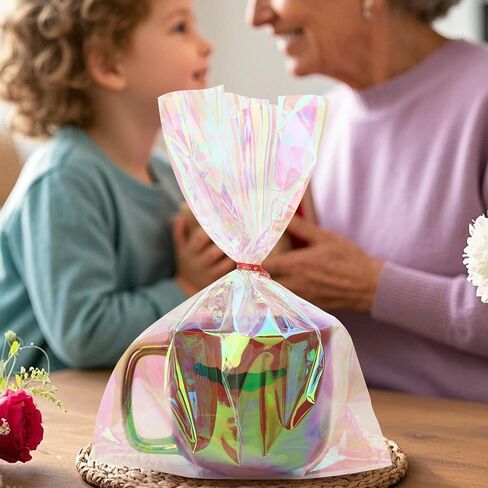 50 PCS Holographic Bags(8x11 Inch) with Colorful Ties, Clear PLastic Iridescent Cellophane Goodie Gift Treat Candy Goody Cookie Bags for Holiday Birthday Baby Shower Party Favors Supplies Decorations in Saudi Arabia