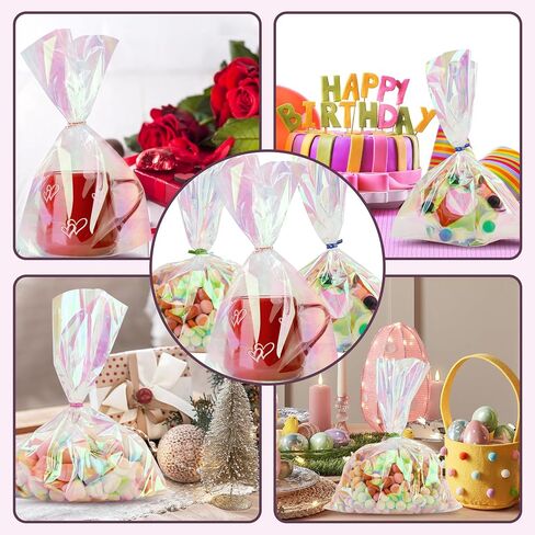 50 PCS Holographic Bags(8x11 Inch) with Colorful Ties, Clear PLastic Iridescent Cellophane Goodie Gift Treat Candy Goody Cookie Bags for Holiday Birthday Baby Shower Party Favors Supplies Decorations in Saudi Arabia