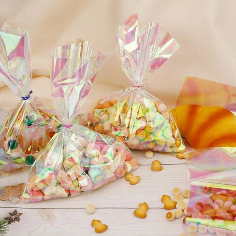50 PCS Holographic Bags(8x11 Inch) with Colorful Ties, Clear PLastic Iridescent Cellophane Goodie Gift Treat Candy Goody Cookie Bags for Holiday Birthday Baby Shower Party Favors Supplies Decorations in Saudi Arabia